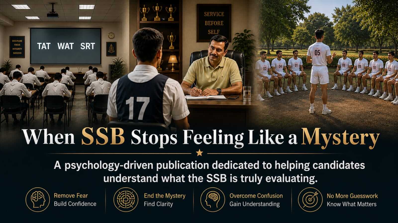 SSB interview, psychology testing and lecturette illustration showing candidates participating in TAT, WAT, SRT, personal interview and group discussion during SSB assessment